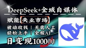 降维打击，Deepseek+全域自媒体，赋能失业市场，被动收钱，无需人工全程AI，日变现1k-比钱轻创