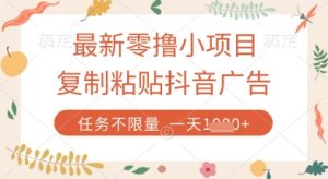 最新零撸小项目，复制粘贴抖音广告即可挣钱，平台大水，任务不限量，一天数张【揭秘】-比钱轻创