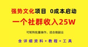 强势文化项目，一个社群收入25个W，0成本启动，可矩阵批量操作，原创详细实操教程-比钱轻创