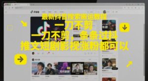 最新抖音搜索搬运教程，一刀不剪，条条过抖，推文短剧影视涨粉都可以-比钱轻创