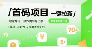 首码一键拉新项目，稳定靠谱，操作简单易上手，单号一小时70+，批量做每天5张【揭秘】-比钱轻创