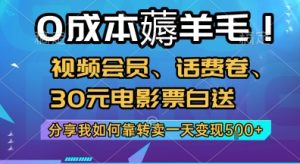 0成本薅羊毛!视频会员、话费卷、30元电影票白送，分享我如何靠转卖一天变现5张+【揭秘】-比钱轻创