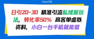 日引 20-30 精准引流私域新玩法，转化率50% 高客单虚拟资料，小白一台手机就能做-比钱轻创