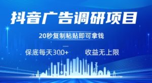 抖音广告调研项目，只需复制粘贴广告即可挣钱，任务不限量，一天稳定3张-比钱轻创