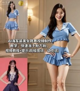 AI海军装美女跳舞视频制作教学,快速涨千粉万粉,视频教程+提示词(绘图词、动作词)-比钱轻创